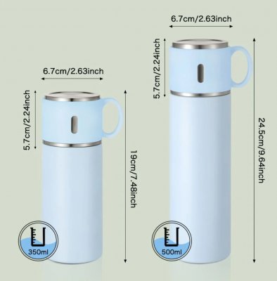 Termosflaska med kopp av rostfritt stål rosa, vit eller blå