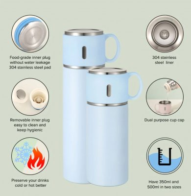 Termosflaska med kopp av rostfritt stål rosa, vit eller blå