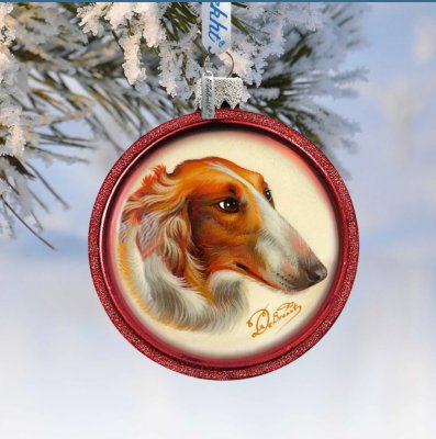 Borzoi julkula av glas handgjord & handmålad