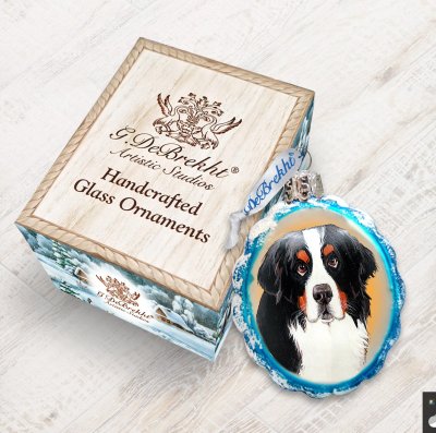 Berner sennenhund julkula av glas handgjord & handmålad