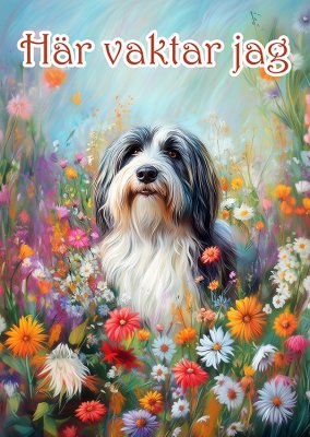 Bearded collie varningsskylt blommor 1 JB