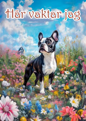 Bostonterrier varningsskylt blommor 1 JB