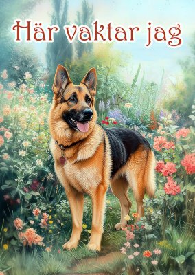 Tysk schäferhund varningsskylt blommor 1 JB