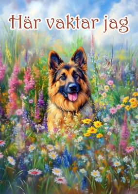Tysk schäferhund varningsskylt blommor 3 JB