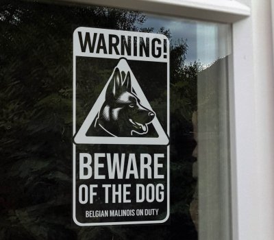 Belgisk vallhund malinois fönsterdekal Beware of the dog V3