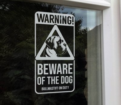 Bullmastiff fönsterdekal Beware of the dog V9